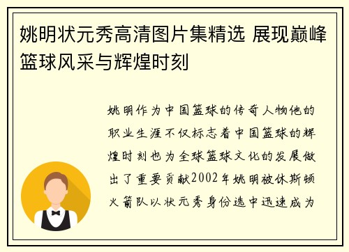 姚明状元秀高清图片集精选 展现巅峰篮球风采与辉煌时刻